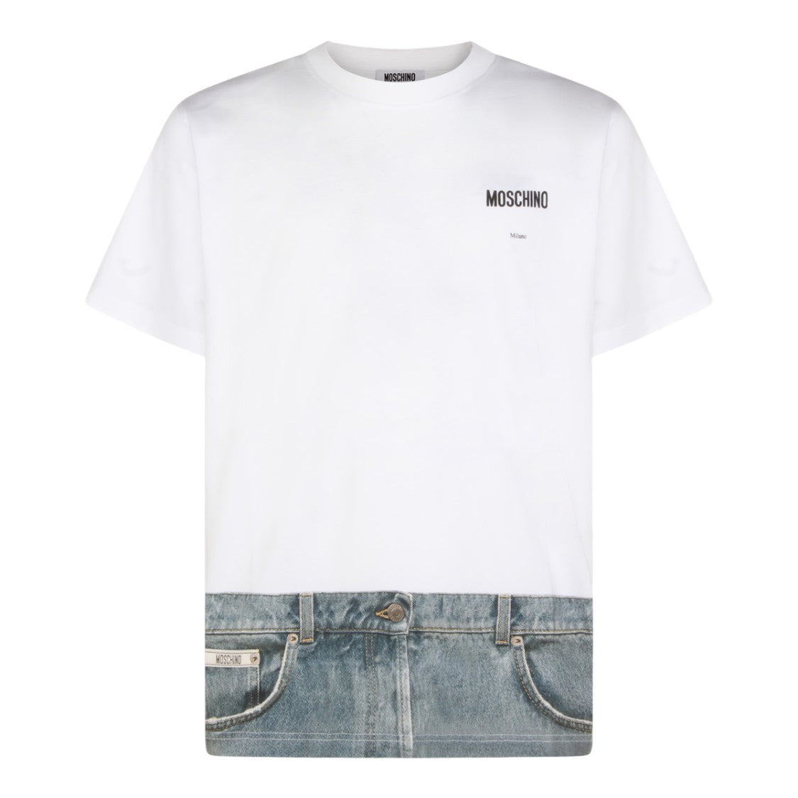Moschino Short-Sleeve T-Shirt With Denim Print Hem