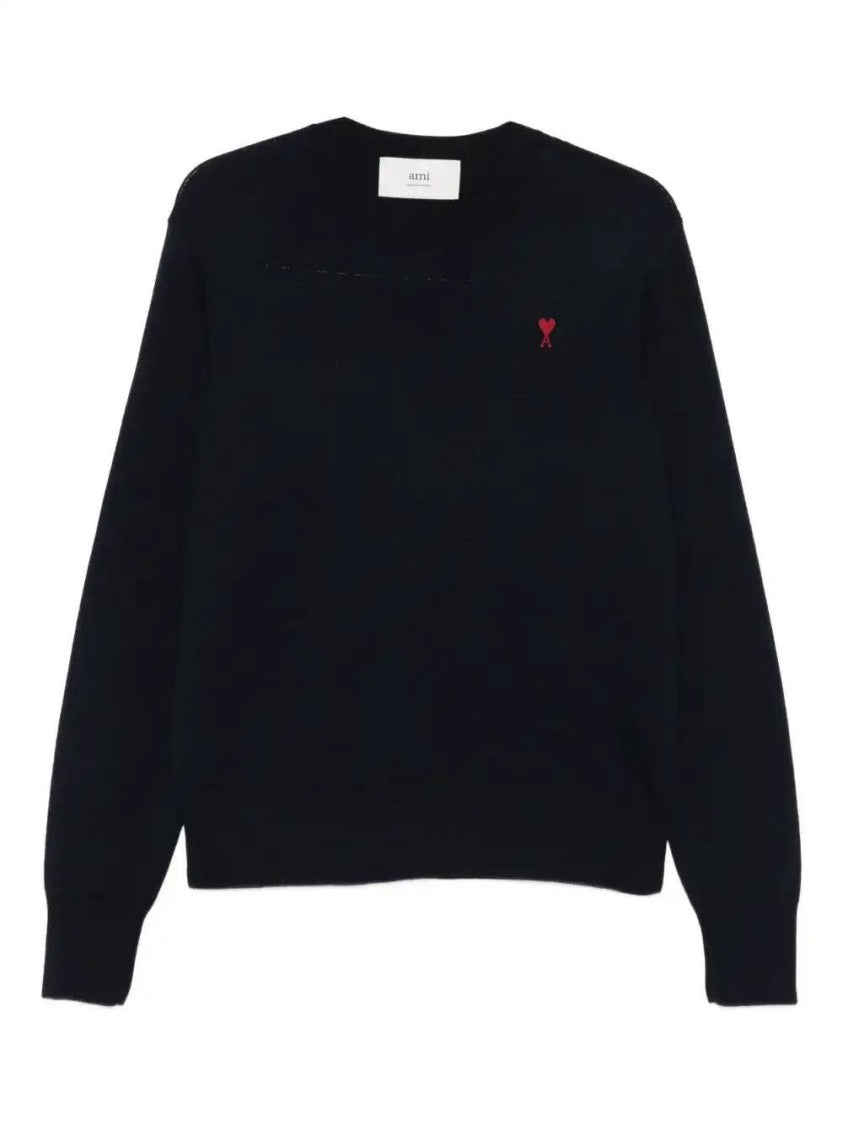 Ami Paris Navy Blue Crew Neck Sweater With Heart Embroidery
