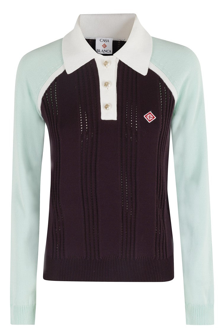 Casablanca Ribbed Long Sleeve Polo Sweater With Contrasting Sleeves