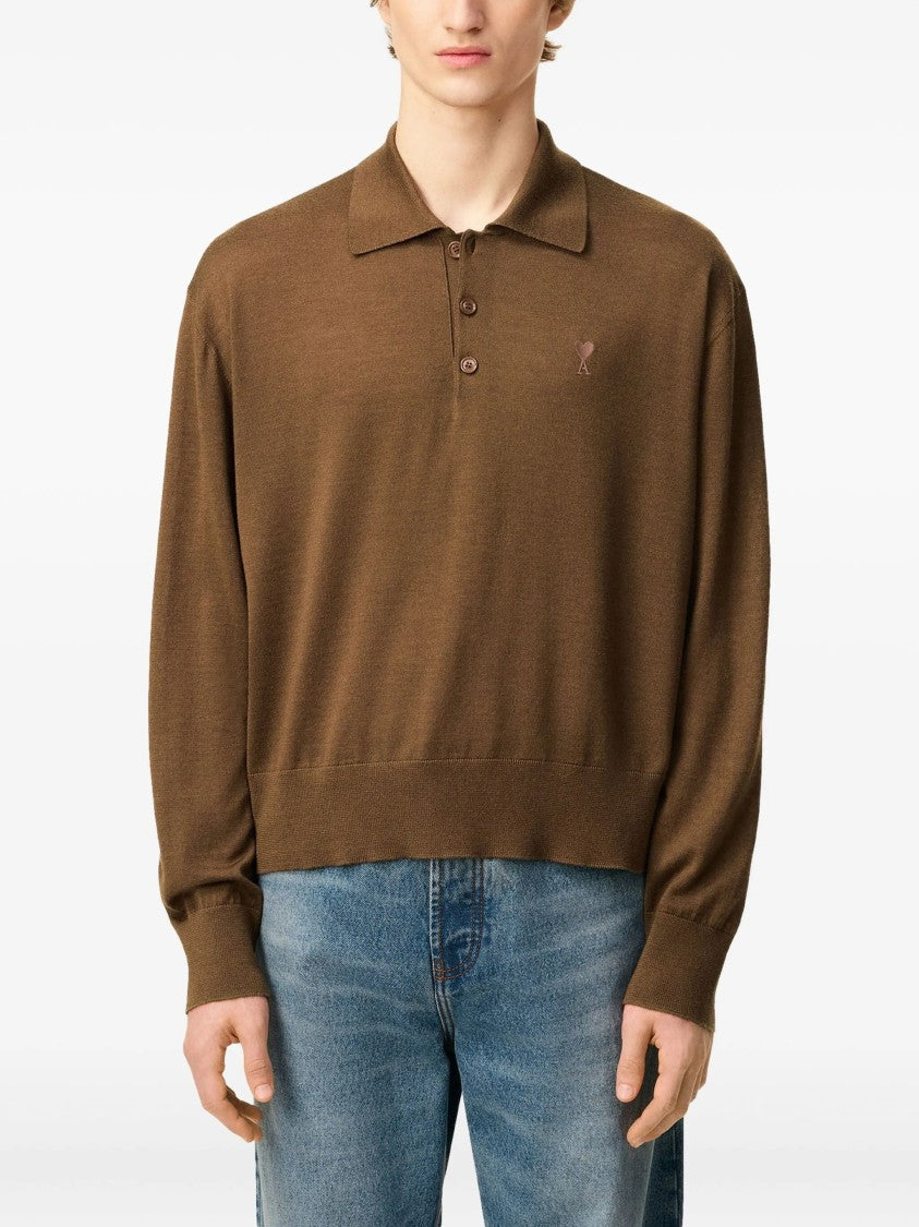Ami Brown Wool-Silk Blend Polo Shirt