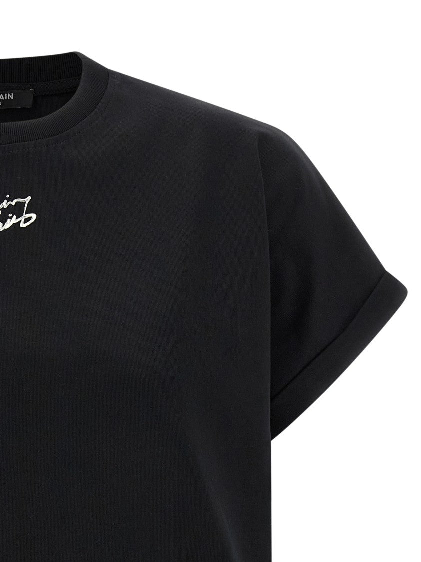 Balmain Cropped Cotton Crewneck T-Shirt With Turn-Up Cuffs And Logo Print