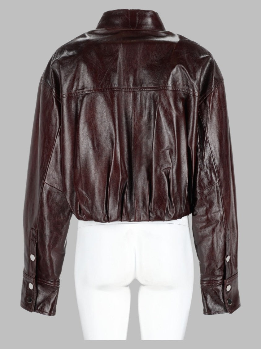 Sportmax Purple Glossy Fitted Cropped Lambskin Leather Jacket
