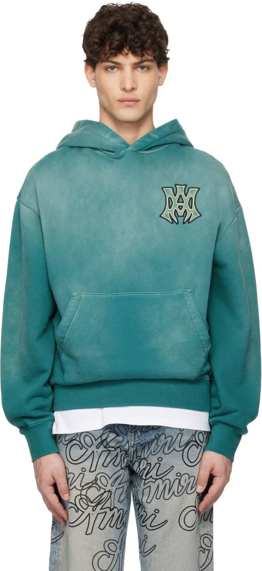 Amiri Faded Teal Oversized Hoodie With Graphic Patches