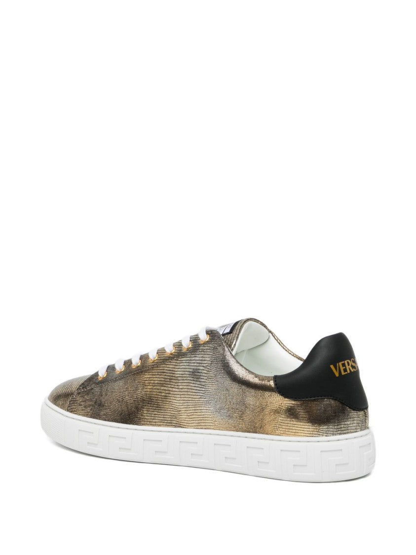 Versace Textured Metallic Sneakers With Silk And Nylon Blend