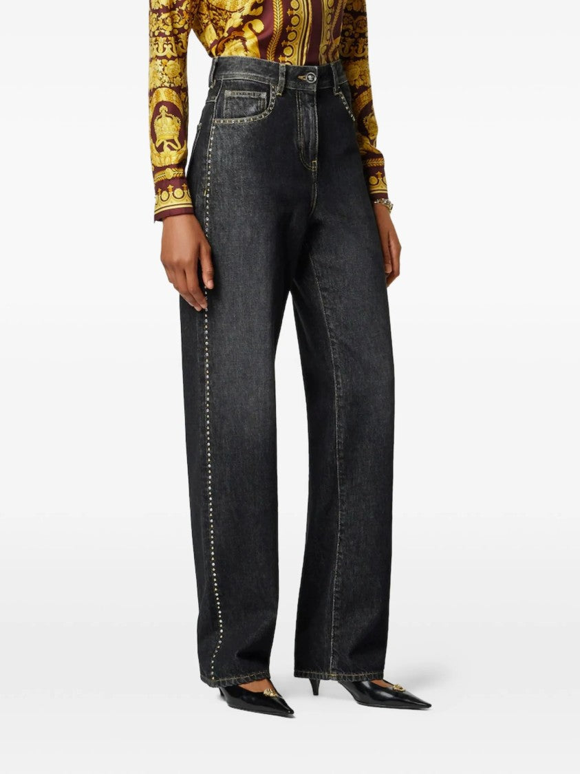 Versace Dark Washed Wide-Leg Studded Denim Jeans