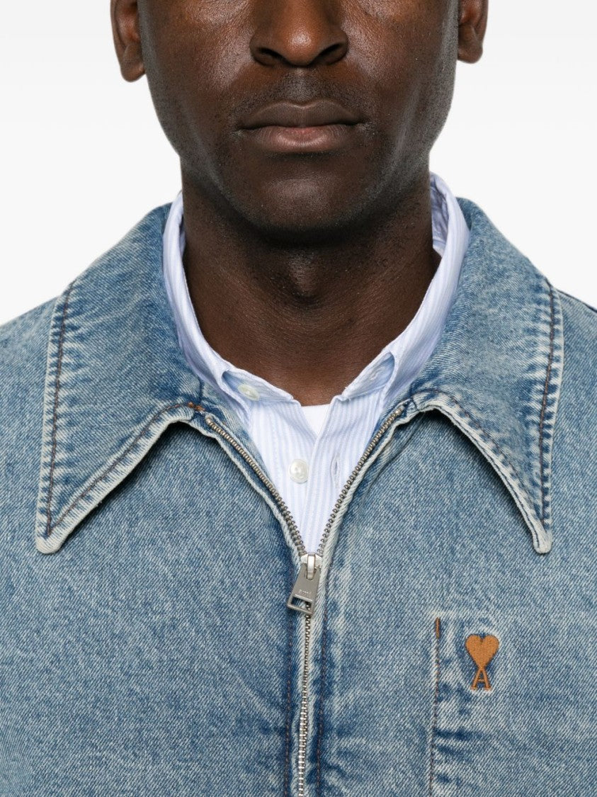 Ami Paris Classic Denim Jacket With Pointed Collar And Emblem
