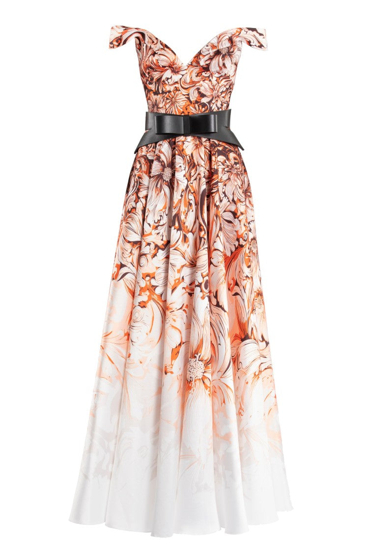 Saiid Kobeisy Mikado Printed Dress With Off-Shoulder Sleeves