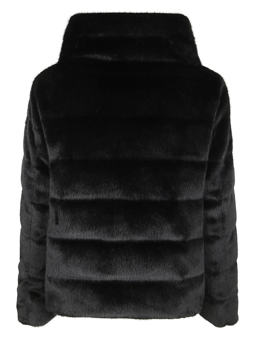 Herno Cropped Black Jacket With Plush Texture And High Collar