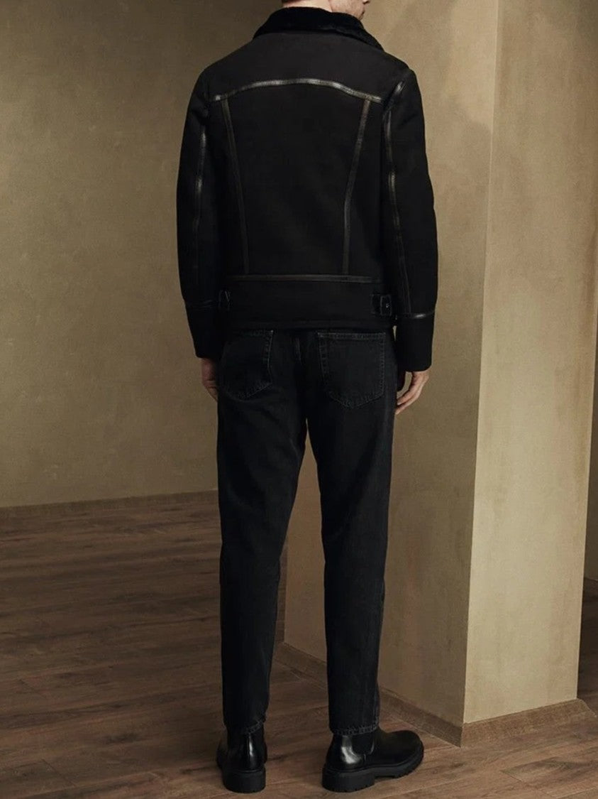 Bigardini Structured Black Shearling Jacket With Asymmetrical Zipper