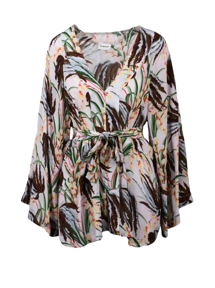 P.A.R.O.S.H. Multicolor Botanical Print Belted Viscose Blouse