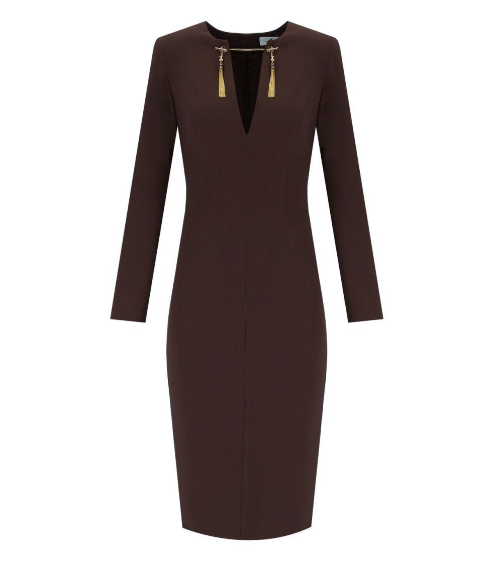 Elisabetta Franchi Coffee Sheat Dress With Tassels