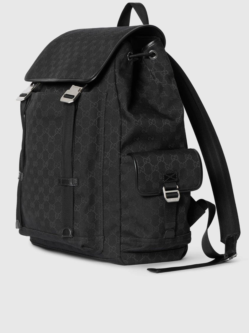 Gucci Black Monogram Flap Top Buckle Backpack