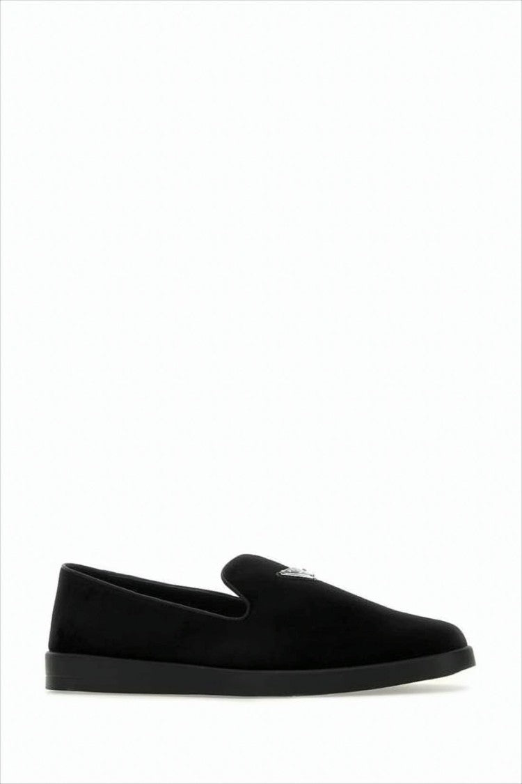 Prada Suede Black Loafers With Minimalist Design And Subtle Emblem