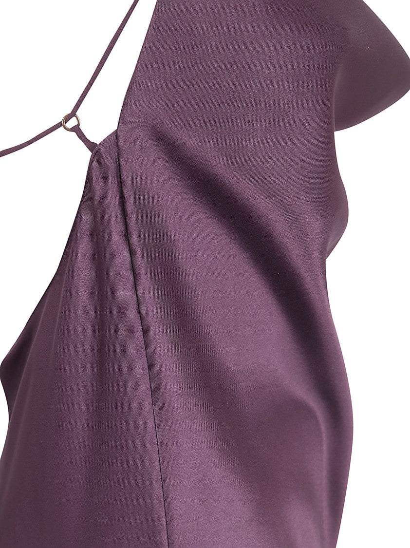 Pinko Draped Purple Satin Midi Dress With Ribbons