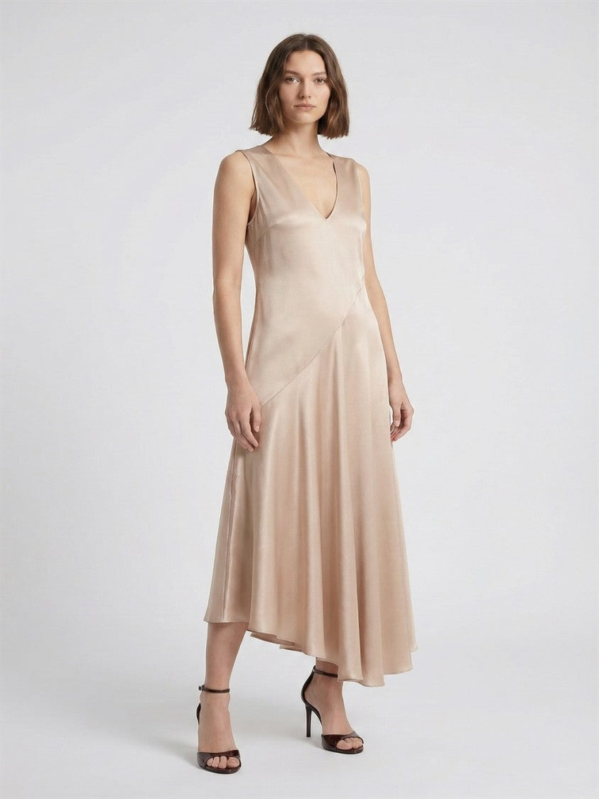 Antonelli Beige Natasha V-Neck Asymmetrical Acetate-Blend Midi Dress