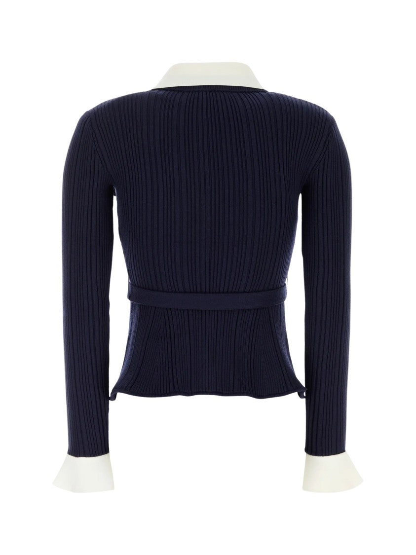 Self-Portrait Blue Ribbed Viscose Cardigan