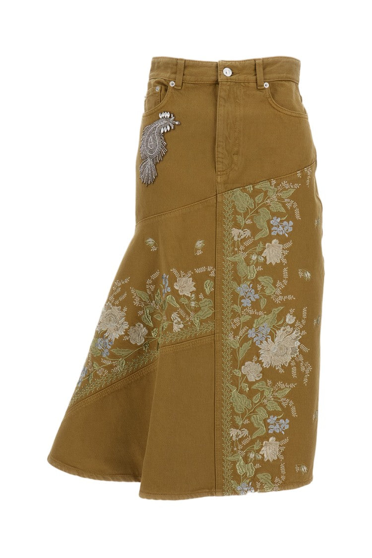 Erdem Denim Embroidered Midi Skirt