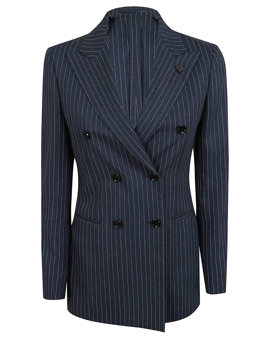 Lardini Double-Breasted Blue Pinstriped Linen Jacket With Wide Lapel