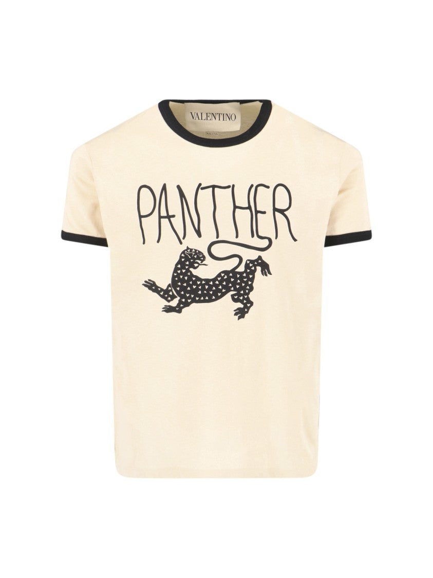 Valentino Cream Cotton T-Shirt With Panther Graphic