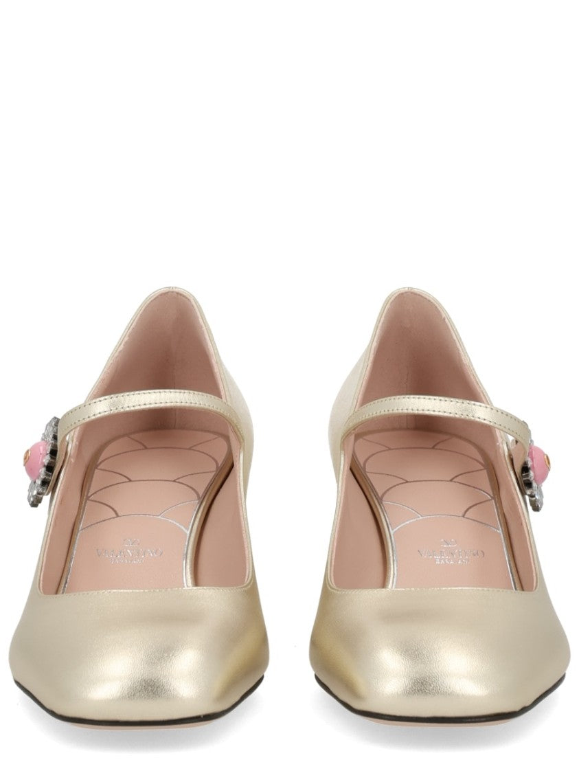 Valentino Garavani Gold Mary Jane Leather Block Pumps