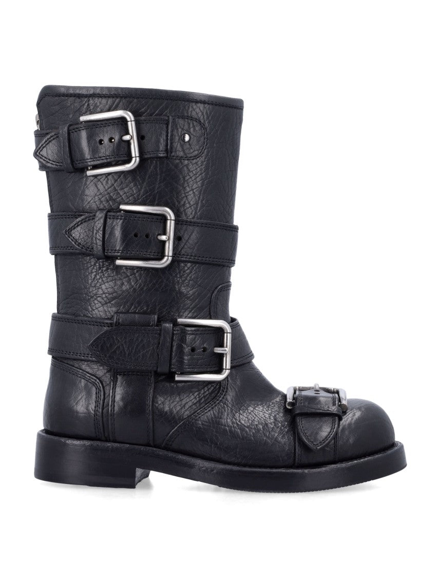 Dolce & Gabbana Black Leather Biker Boots With Buckles