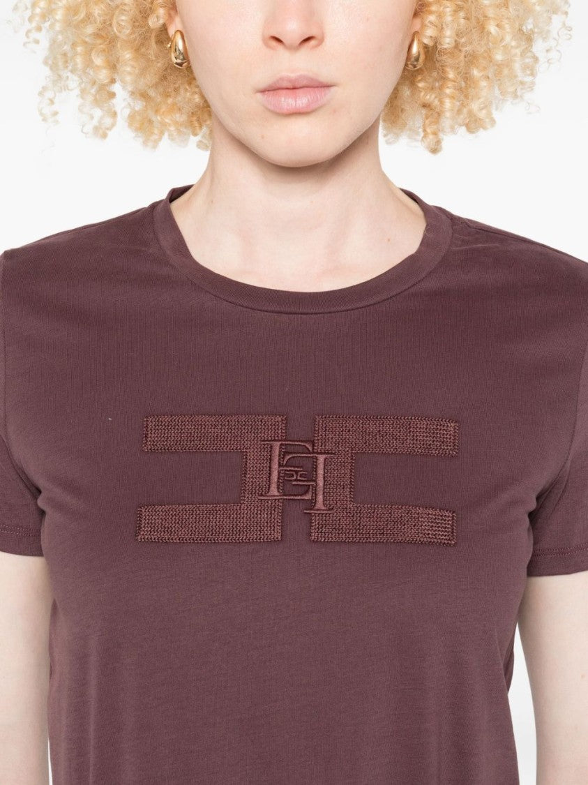 Elisabetta Franchi Bordeaux Cotton T-Shirt With Textured Logo Detail
