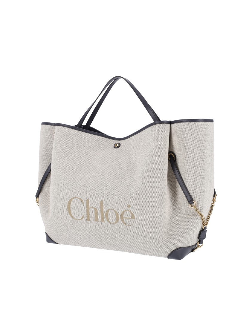 Chloé Textured Fabric Tote Bag With Black Leather Trim