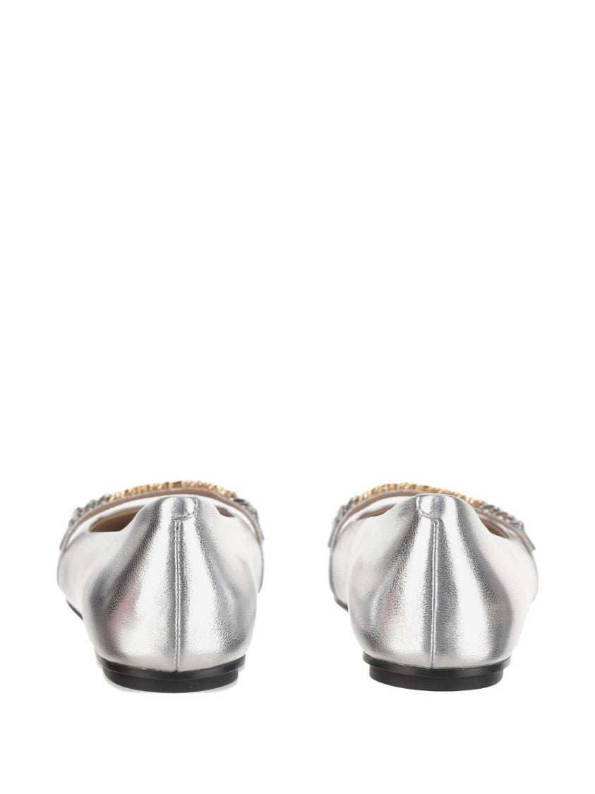 Pinko Pointed Toe Flats With Metallic Silver Finish And Chain Detail