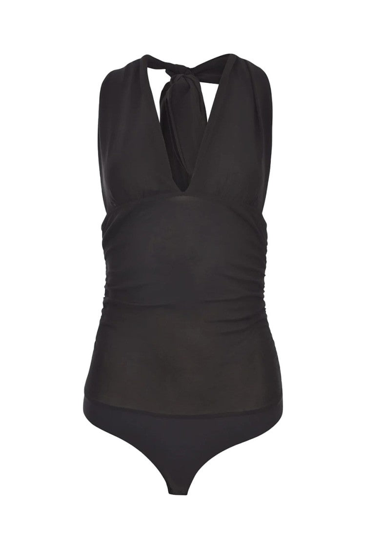 Pinko Sleek Black Sleeveless Top V-Neckline Tie