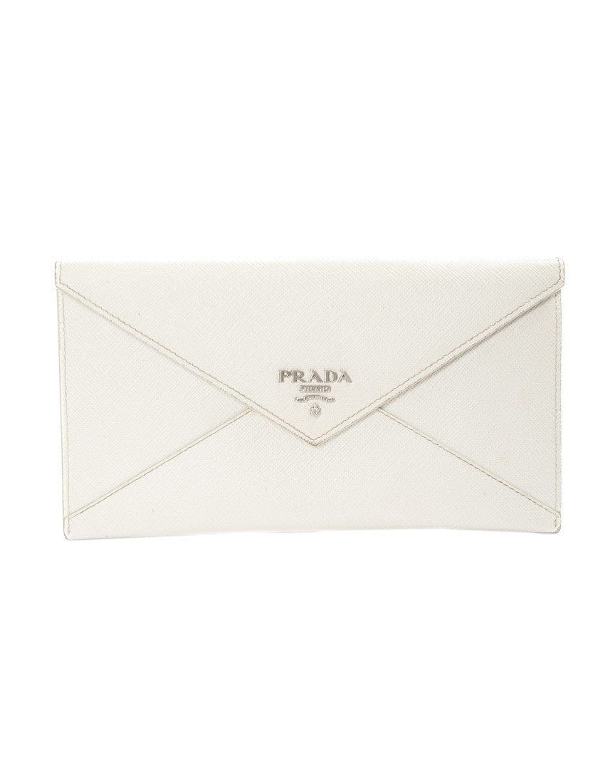 Prada Mini Saffiano Leather Envelope Clutch With Silver Hardware