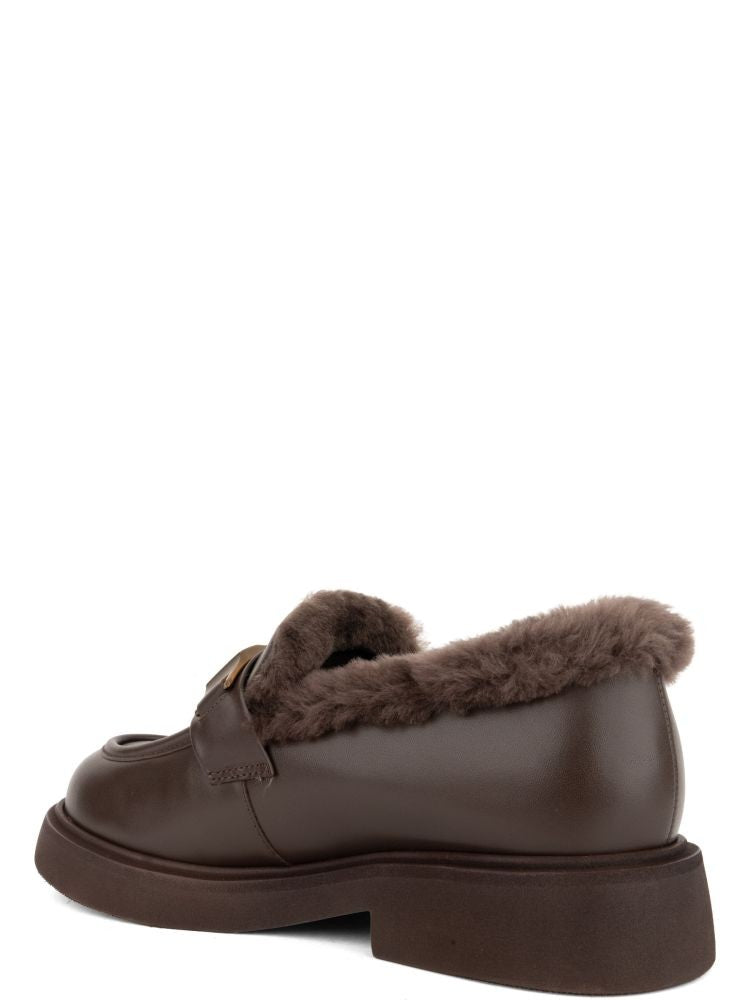 Adrianna Feretti Brown Plush Fur Lining Metallic Buckle Leather Loafers