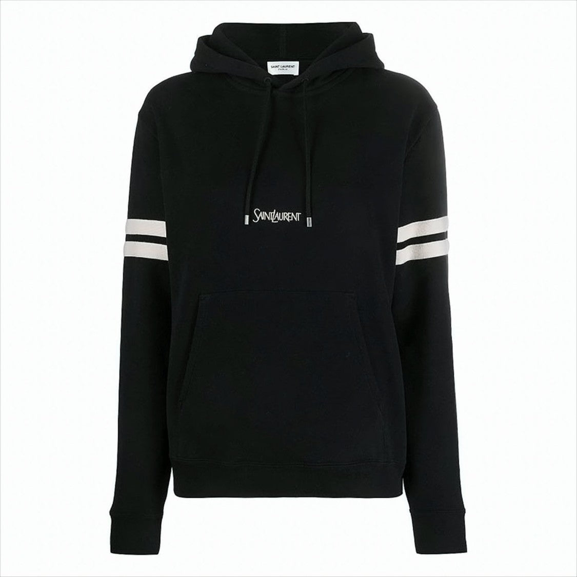Saint Laurent Embroidered Logo Black Hoodie With Striped Sleeves
