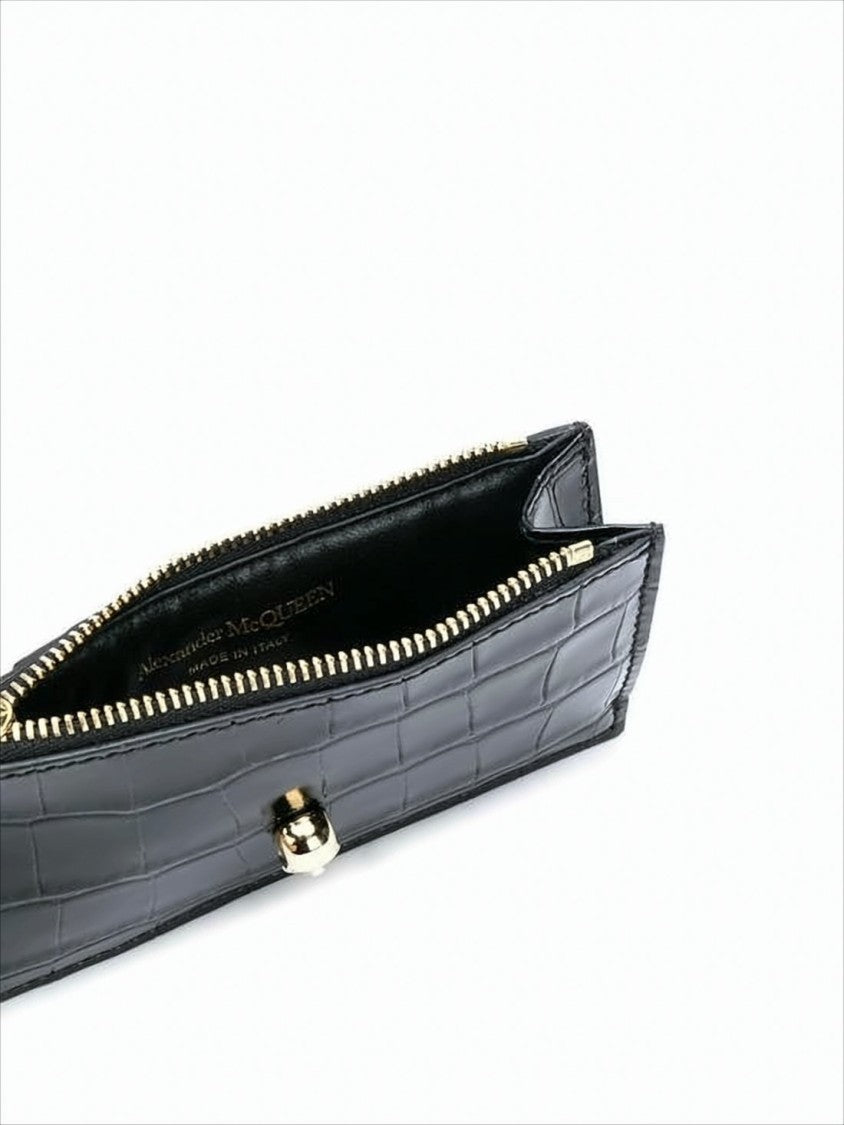 Alexander Mcqueen Crocodile-Embossed Calf Leather Wallet With Gold Accents