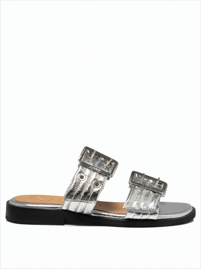 Ganni Metallic Silver Flat Mules With Wide Straps And Buckle Accents