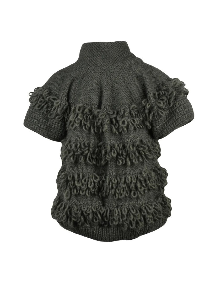Of Handmade Textured Green Knitted Vest With High Collar And Fringe Detail