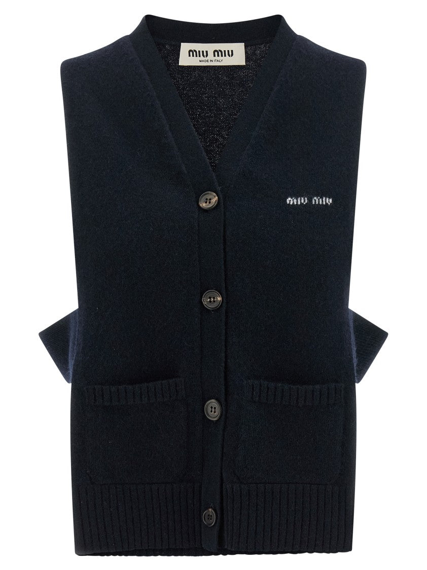 Miu Miu Shaved Cashmere Cardigan Vest With Asymmetrical Hem And Logo Intarsia