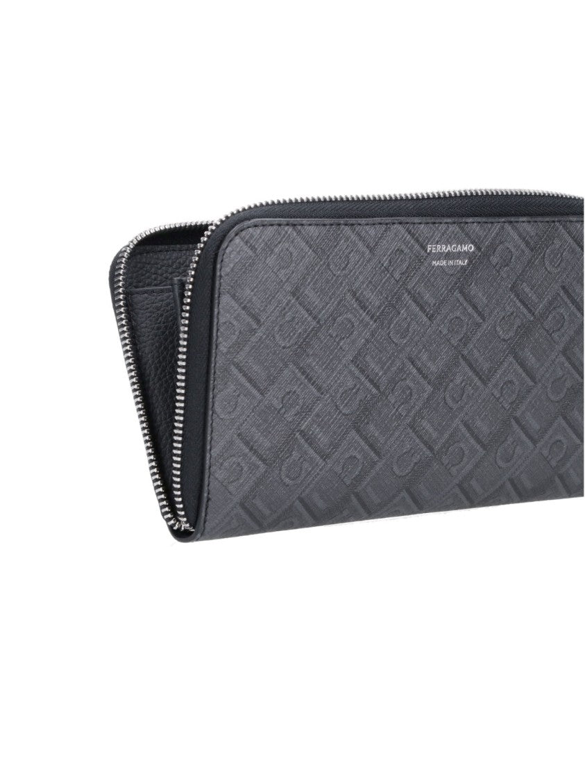 Ferragamo Black Central Zip Leather Wallet
