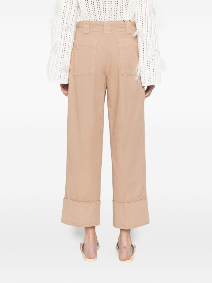 Twin-Set Cropped Beige Wide-Leg Trousers With Gold-Tone Logo Detail