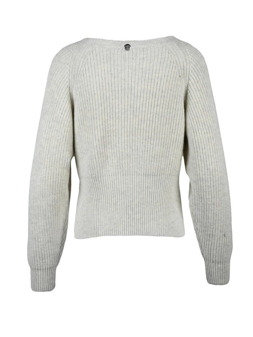 Twinset Actitude Ribbed Knit Light Grey Sweater With Boat Neckline And Fitted Waist