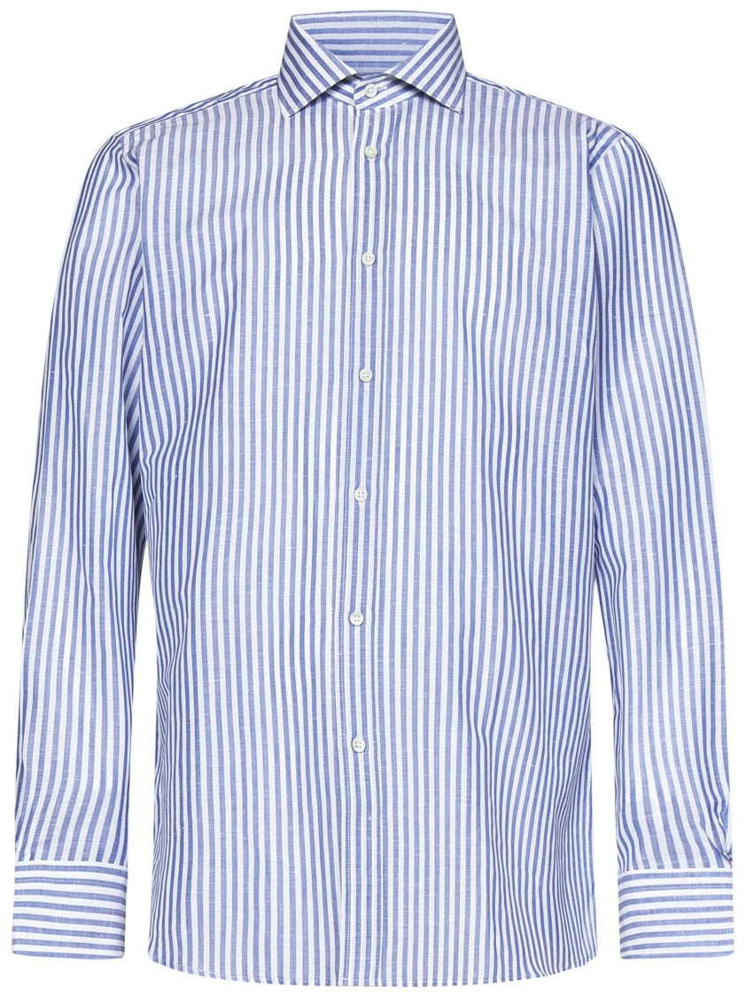 Franzese Collection Vertical Stripe Shirt In Clear Blue Cotton-Linen Blend