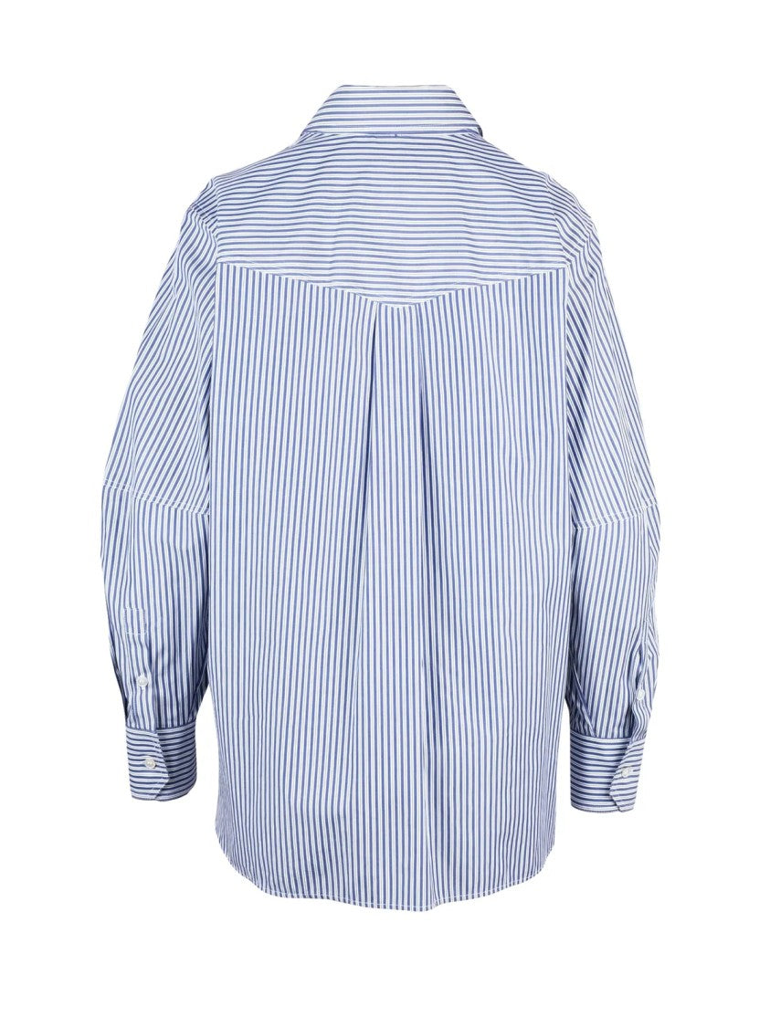 Marella Sport Blue And White Striped Cotton Sport Shirt With Tie Neck Detail