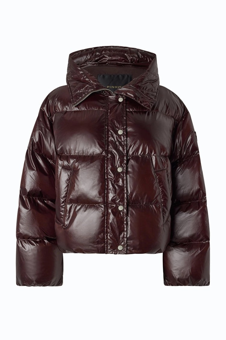 Pinko Burgundy Glossy Hooded Polyester Puffer Jacket