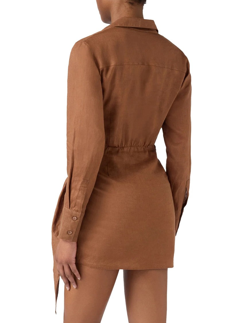 Mc2 Saint Barth Long Sleeve Linen Dress With Tie Detail