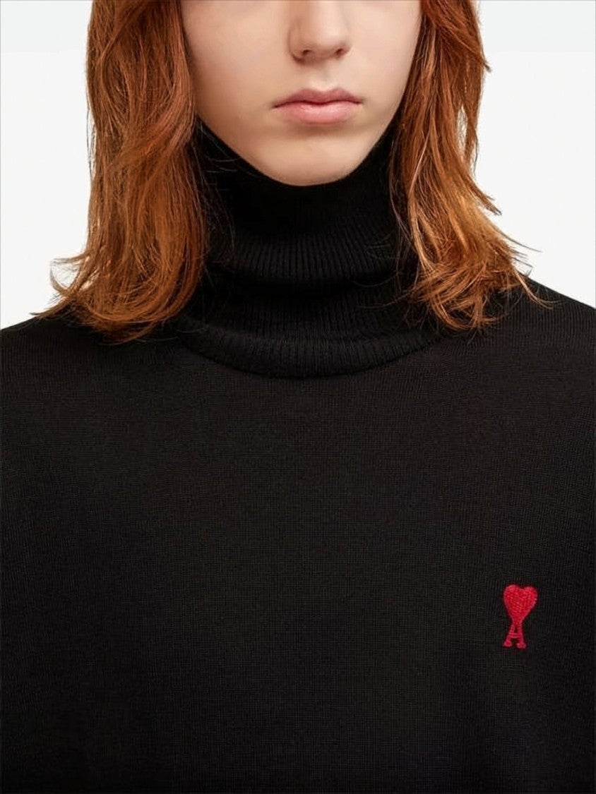 Ami Merino Wool Black Turtleneck Sweater With Heart Logo