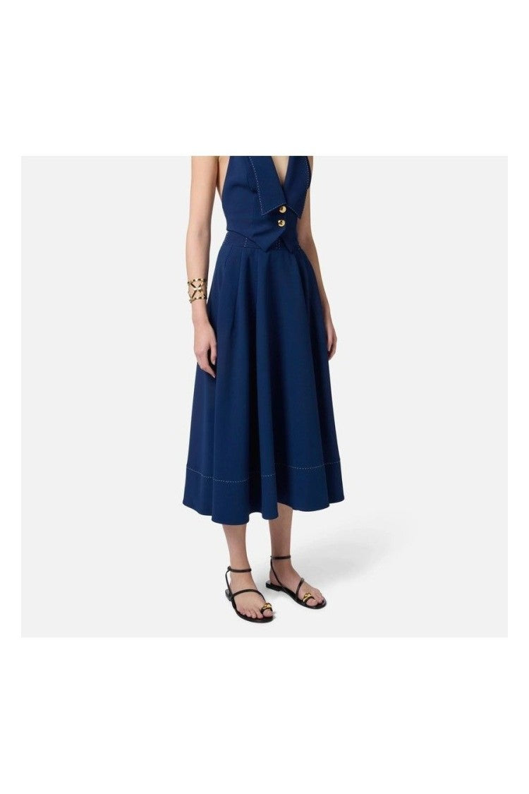 Elisabetta Franchi Blue Topstitched Polyester-Blend Circle Skirt