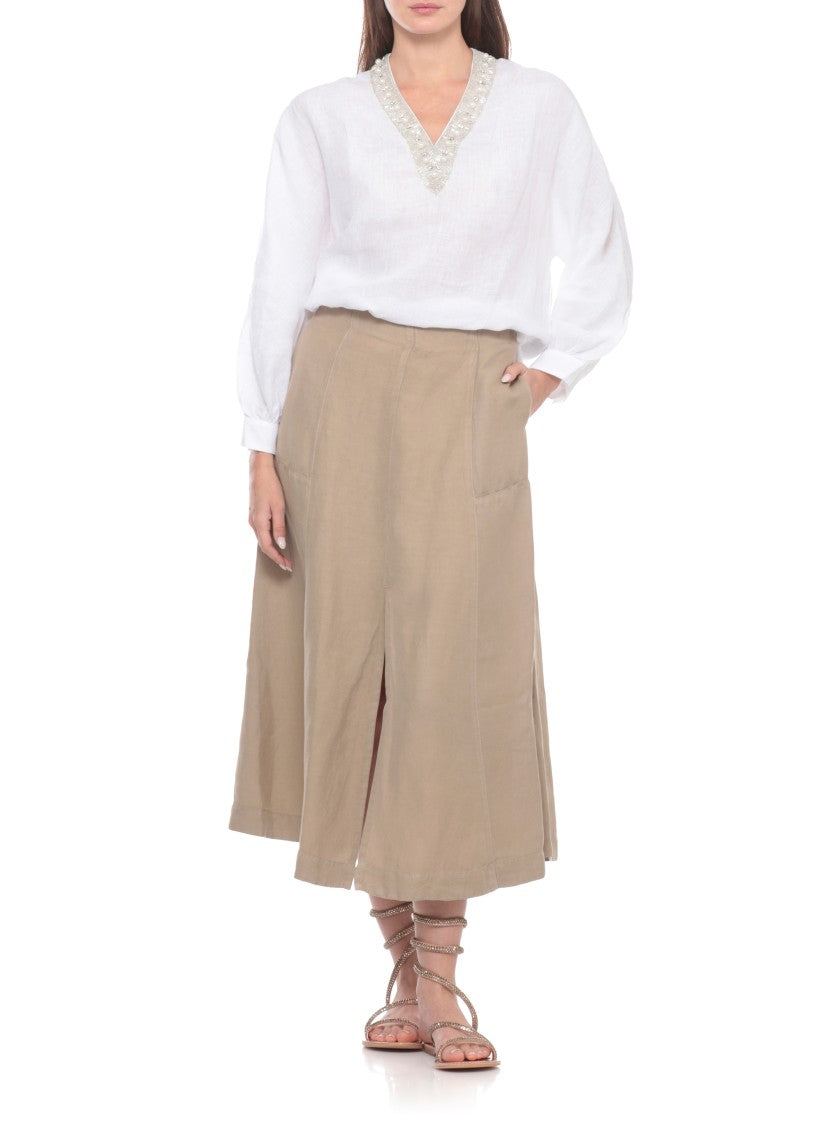 120% Lino White Strass V-Neck Linen Blouse