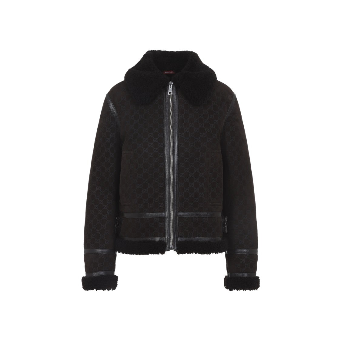 Gucci Black Suede Leather Coat With Lamb Fur Lining And Monogram Pattern