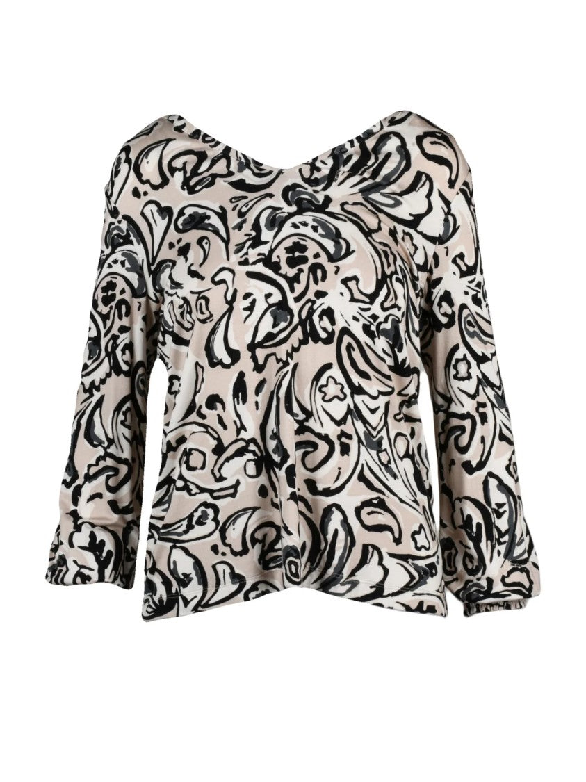 The Abito Beige/Black Abstract Viscose-Blend Top