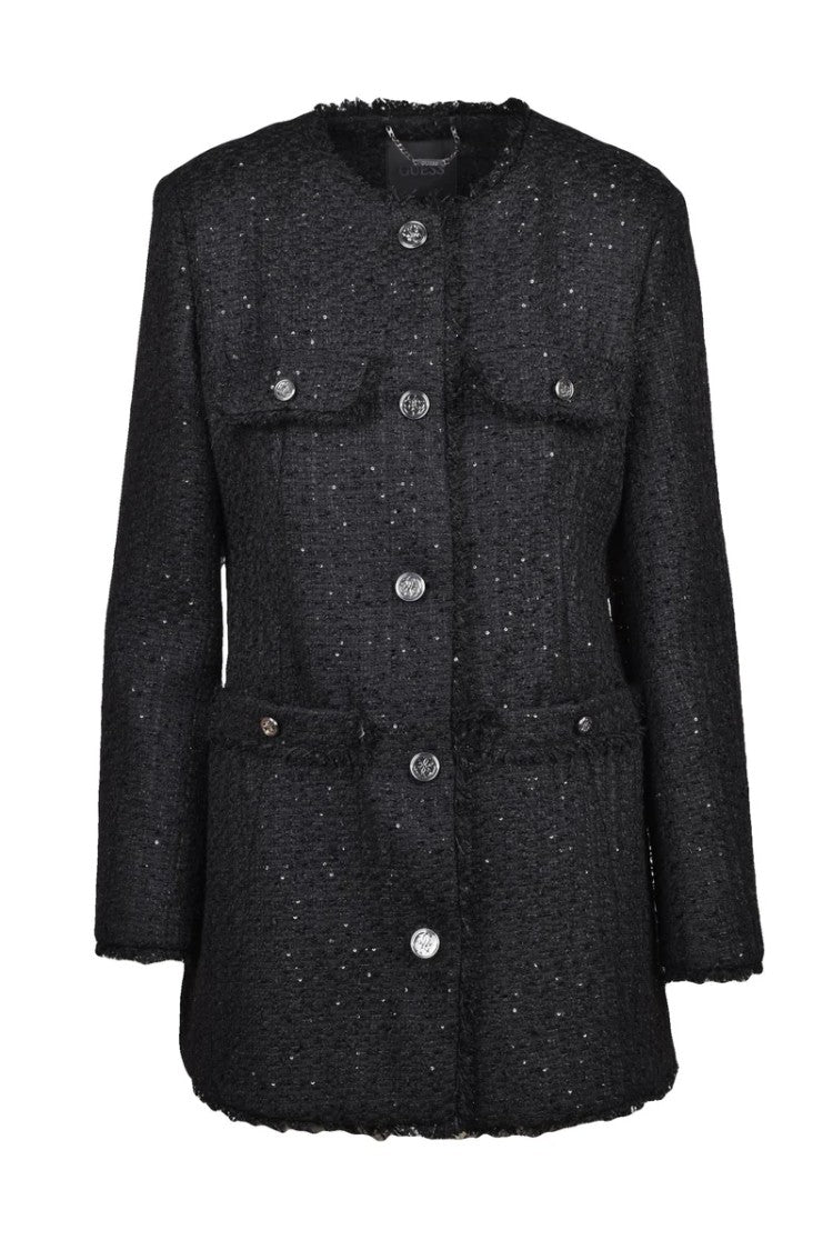 Guess Black Long Polyester Boucle Button Jacket