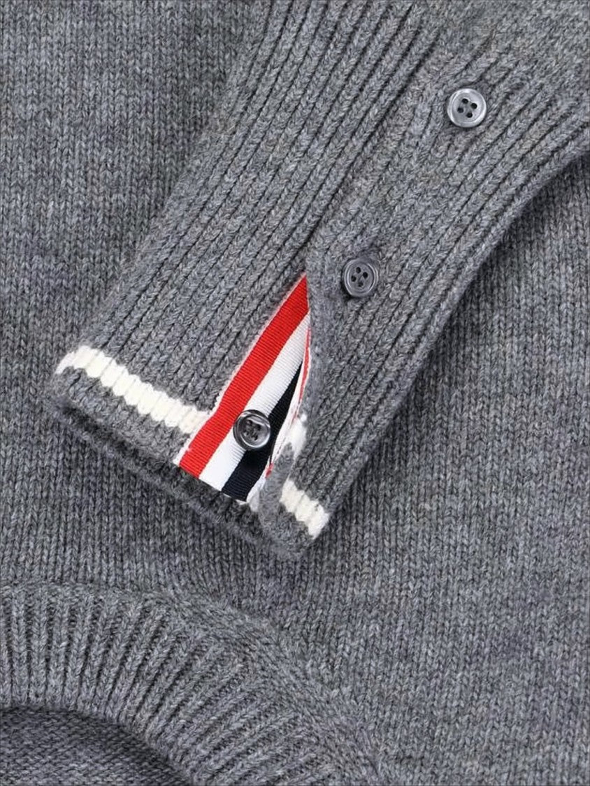 Thom Browne Ribbed Grey Wool Sweater With Iconic Stripe Accents